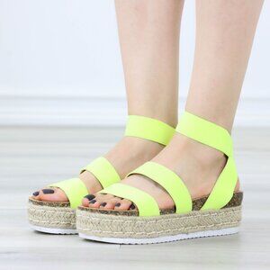 Neon Yellow Platform Espadrille Sandals Crisscross Elastic Strap Open Toe